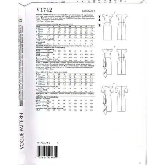 Vogue V1742 Misses 6 to 14 Fitted Asymmetrical Dress Uncut Sewing Pattern - Picture 2 of 2